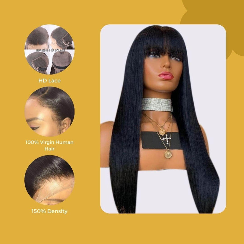 Brazilian Straight HD Lace Frontal Wig with Bangs