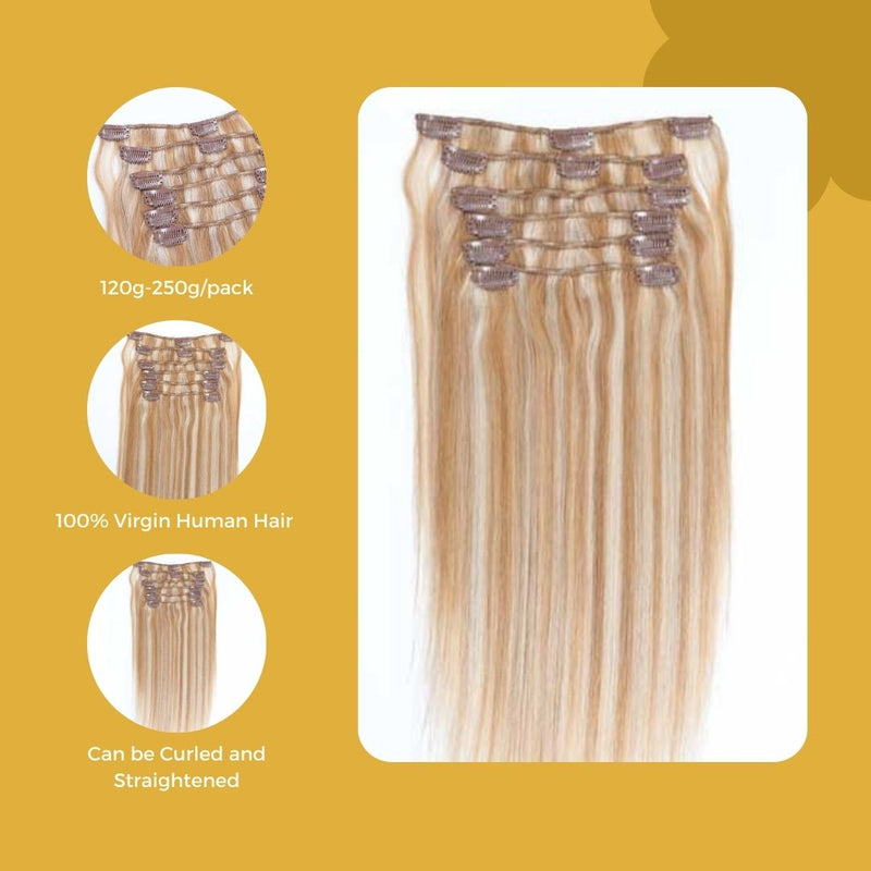 Honey Brown and Light Blonde Straight Clip Ins (Piano Color) - 7 Pcs  with a Free Eye Lash Extensions