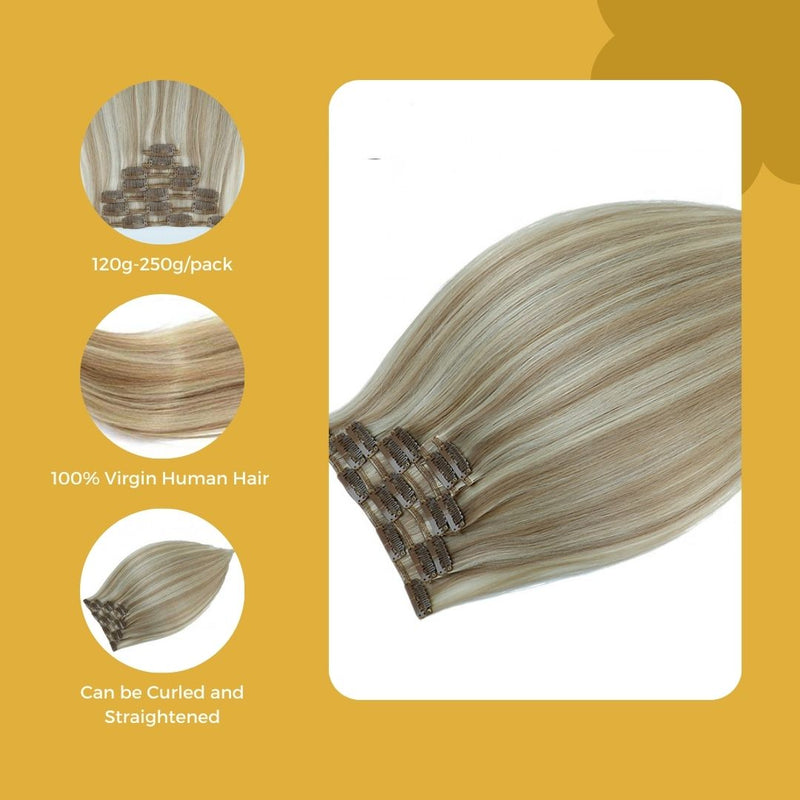 Light Brown and Light Blonde Straight Clip Ins (Piano Color) - 7 Pcs with a Free Eye Lash Extensions
